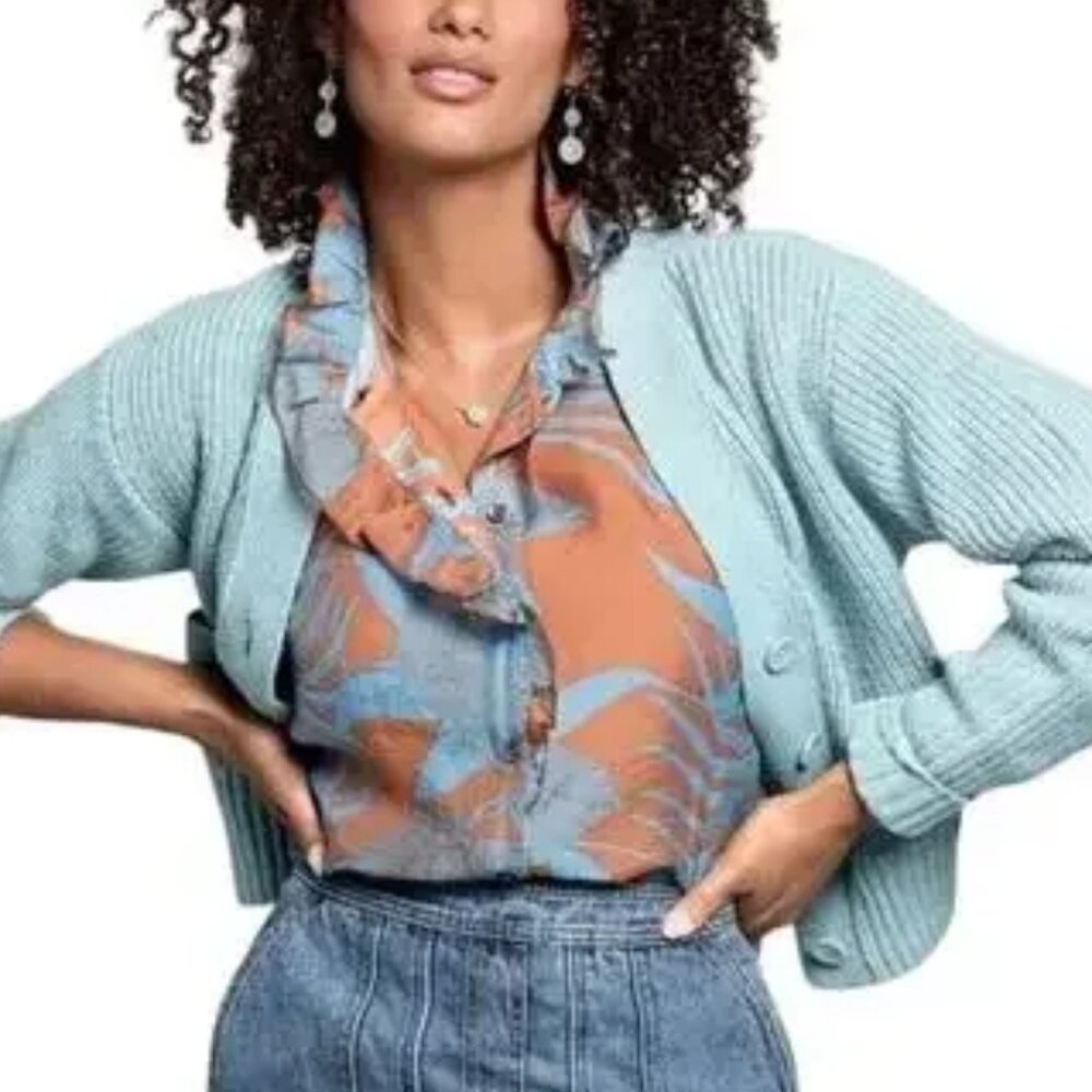 CAbi 6525 Blue and Brown Leaf Print Blouse, Sleeveless, Tropical Print, NEW, XL